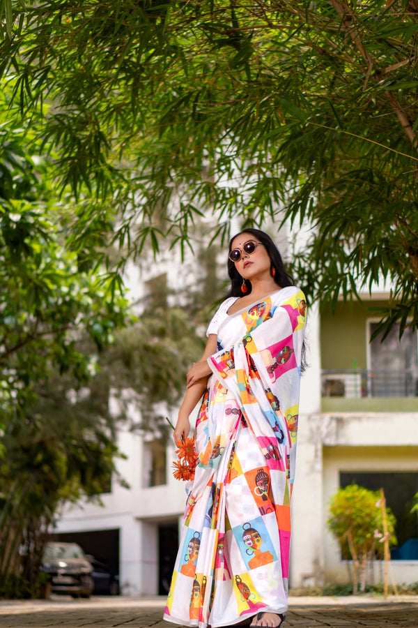 Mulmul facescape Elegant White Mulmul Floral Digital Print Saree for Women