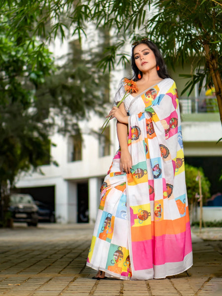 Mulmul facescape Elegant White Mulmul Floral Digital Print Saree for Women