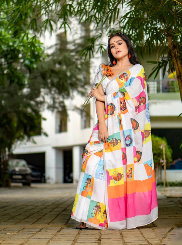 Mulmul facescape Elegant White Mulmul Floral Digital Print Saree for Women