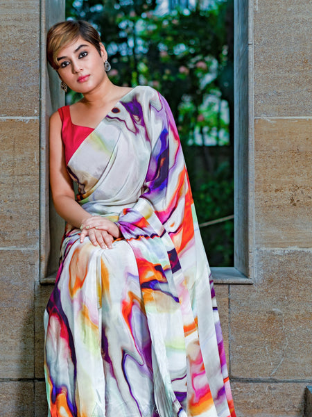 Marble majesty Women’s White Marble Print Crepe Saree for Stylish Ethnic Wear