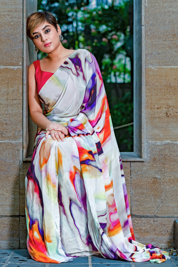 Marble majesty Women’s White Marble Print Crepe Saree for Stylish Ethnic Wear