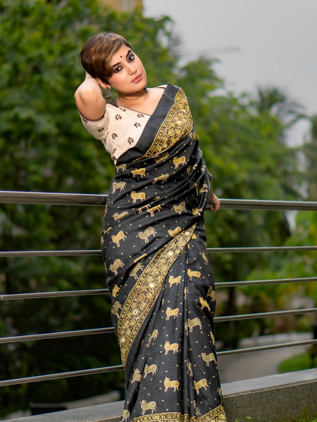 Kantha Safari Women's Black Tussar Silk Saree for Festive & Party Wear