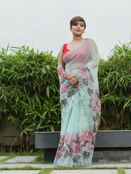 Beryl Designer White Floral Flowy Saree – Minimal Elegant Ethnic Wear