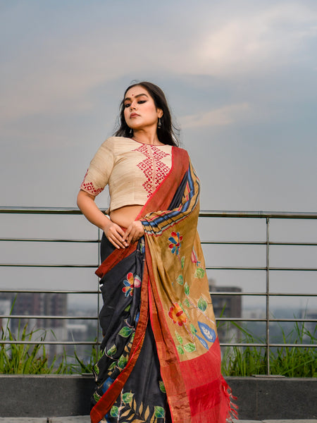 Pita Panache Luxury Black Handwoven Tussar Silk Saree | Lightweight Ethnic Wear for Women