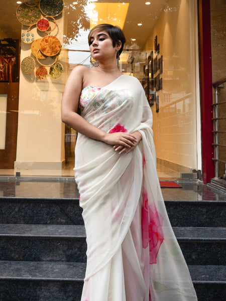 Bellerose | Lightweight White Chinnon Floral Printed Saree for Ethnic Wear
