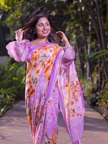 Lavendor Blossom Lavender Georgette Floral Printed Saree | Elegant Lightweight Ethnic Wear Saree