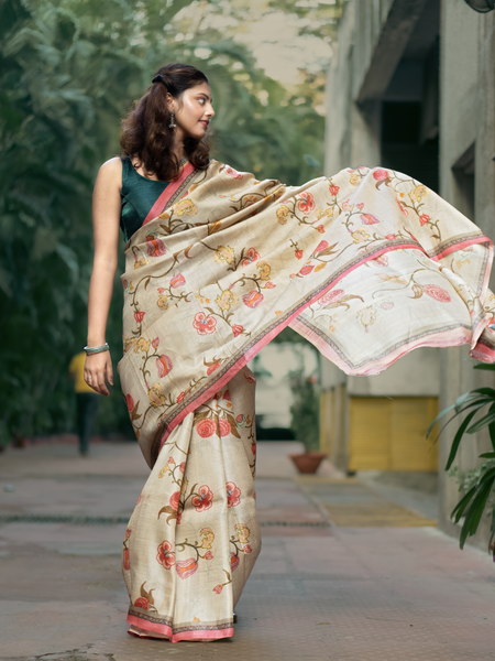 Silk symphony Premium Beige Tussar Silk Saree – Natural Elegant Traditional Saree