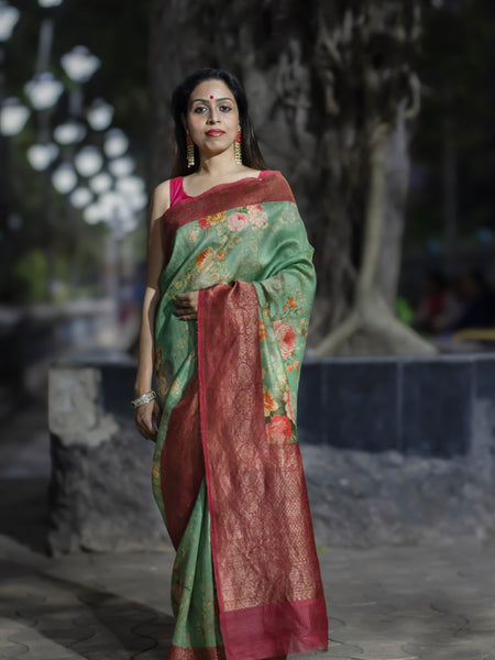 Enchante Premium Light Green Tussar Banarasi Saree with Traditional Weaving & Rich Elegance