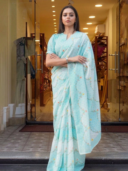 Mohini | Sky Blue Floral Digital Print Mul Chanderi Saree for Women