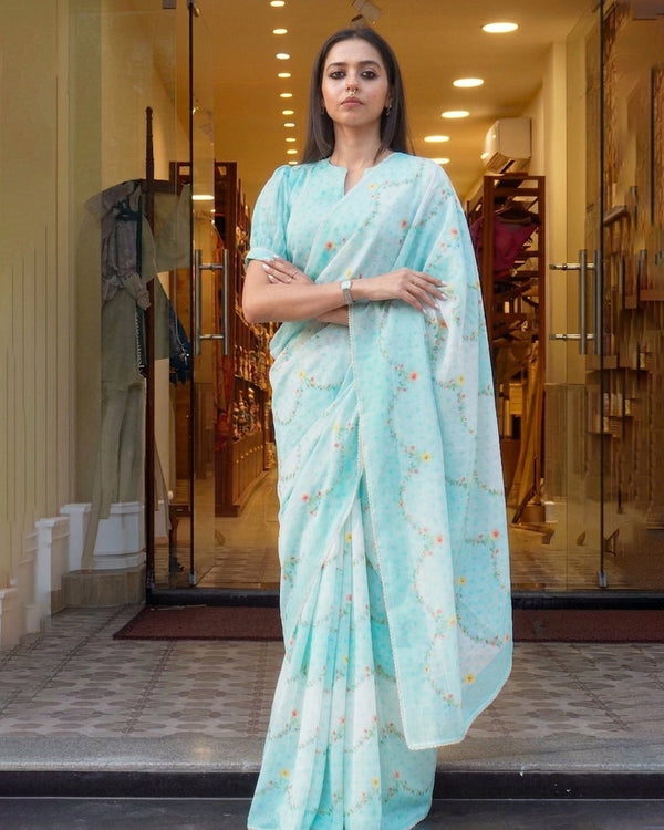 Mohini | Sky Blue Floral Digital Print Mul Chanderi Saree for Women