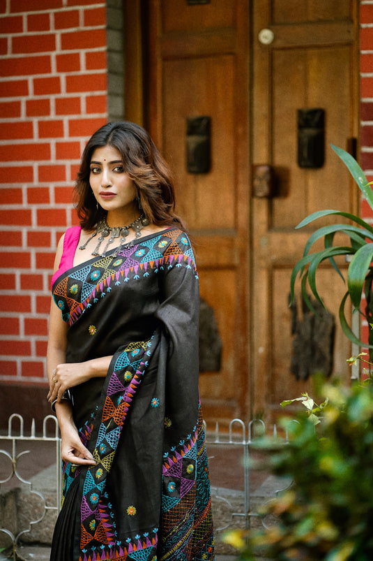 Black Needle Point Handloom Silk Saree with Vibrant Multicolor Embroidery