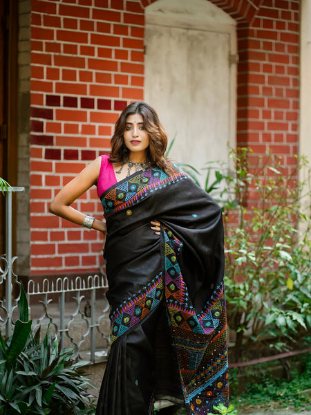 Black Swan Premium Black Tussar Silk Saree – Classic Festive & Wedding Wear Saree