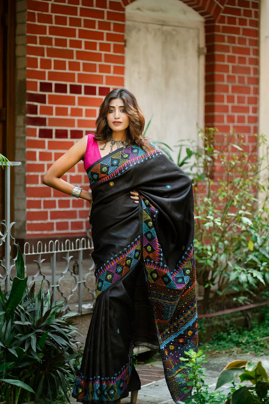 Black Needle Point Handloom Silk Saree with Vibrant Multicolor Embroidery