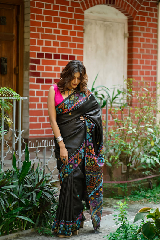 Black Needle Point Handloom Silk Saree with Vibrant Multicolor Embroidery