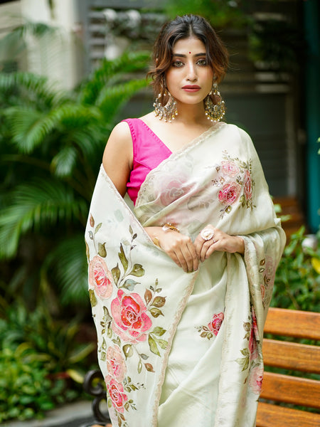white rose Elegant White Saree with Pink Florals, Kardana and Pearl Embellishment