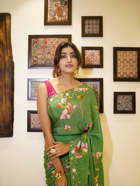Cherry Blossoms Premium Green Chinon Viscose Saree with Multicolor Floral Pattern