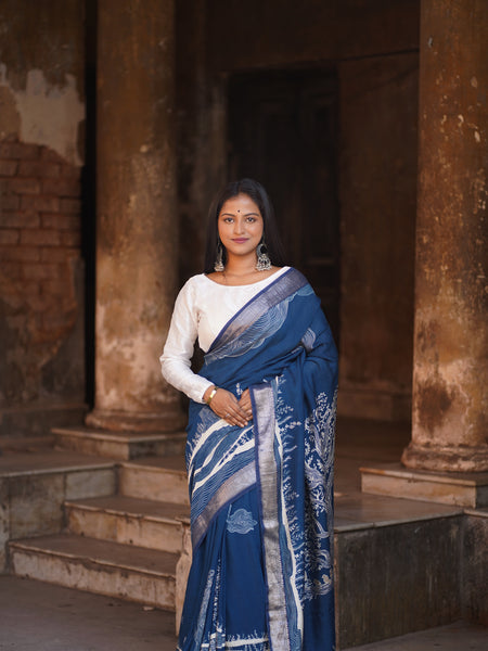 Emerald blossom elegance copy Elegant Navy Blue Chanderi Silk Saree for Weddings & Events