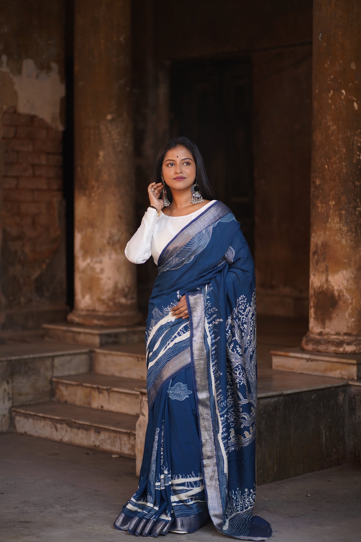 Emerald blossom elegance copy Elegant Navy Blue Chanderi Silk Saree for Weddings & Events