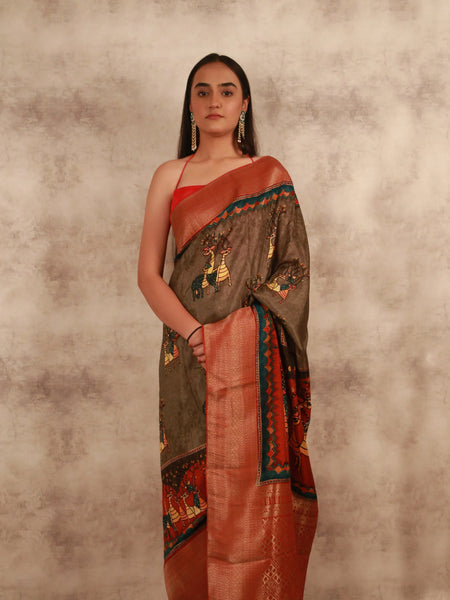 Gond deer Serenade Designer Grey and Red Khaddi Zari Saree for Festive, Wedding & Cultural Wear