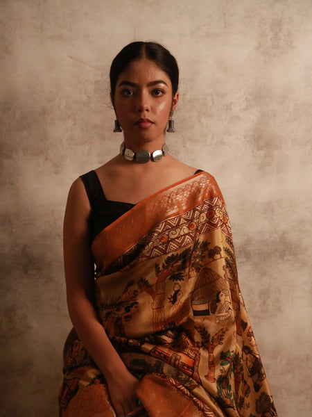 Jadopatia Countryside Charm Premium Bronze Khaddi Saree with Deep Orange Zari Border & Traditional Weaving