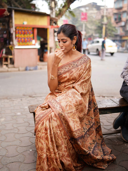 Meenakari Dark Peach Pure Tussar Silk Saree – Lightweight Festive & Wedding Wear