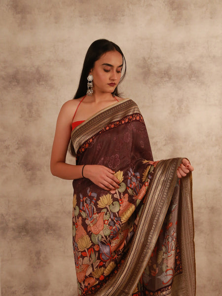 Rural Serenity Elegant Maroon Handwoven Khaddi Saree with Traditional Golden Zari Detailing