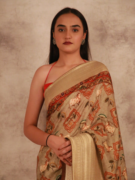 Cow's Garden Tapestry Designer Beige Khaddi Zari Saree for Weddings, Festive & Cultural Occasions