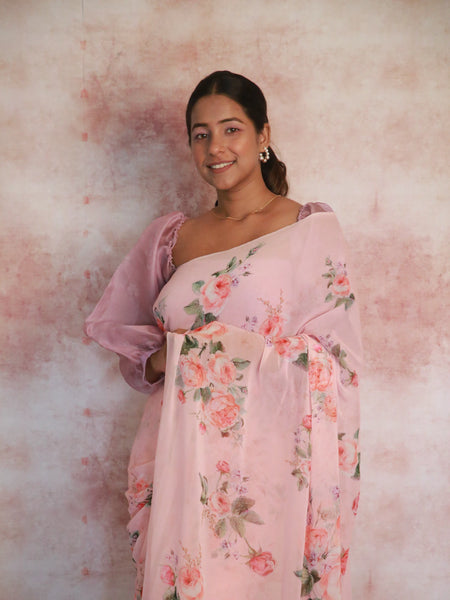 Designer Pink Georgette Saree – Lightweight Sheer Party Wear Saree