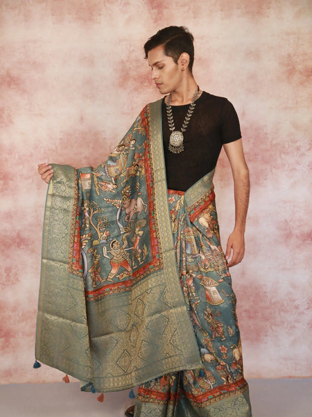 Kalamkari village charm Teal Khaddi Woven Saree with Zari Border | Elegant Festive & Ethnic Wear Saree for Women