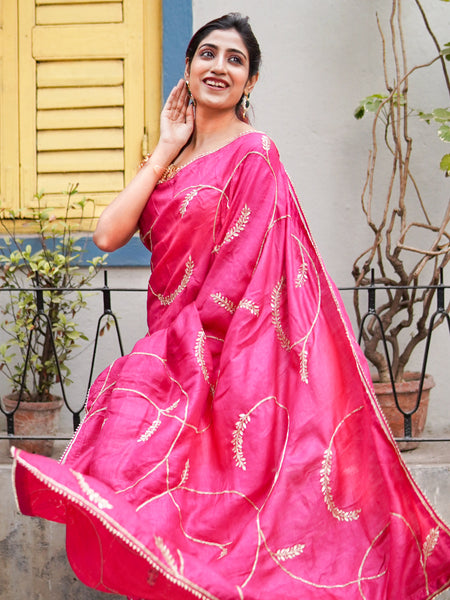Ananya Premium Fuchsia Pink Tussar Silk Saree with Artistic Print & Embroidery