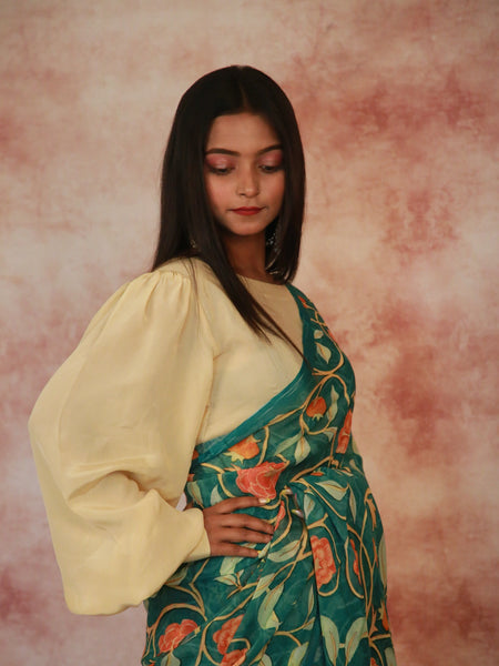 Mistic Floral Wheel Peacock Green Floral Printed Georgette Saree for Women