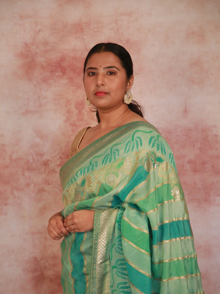 Painterly Delight Luxury Green Khaddi Silk Saree with Traditional Zari Work Border for Women