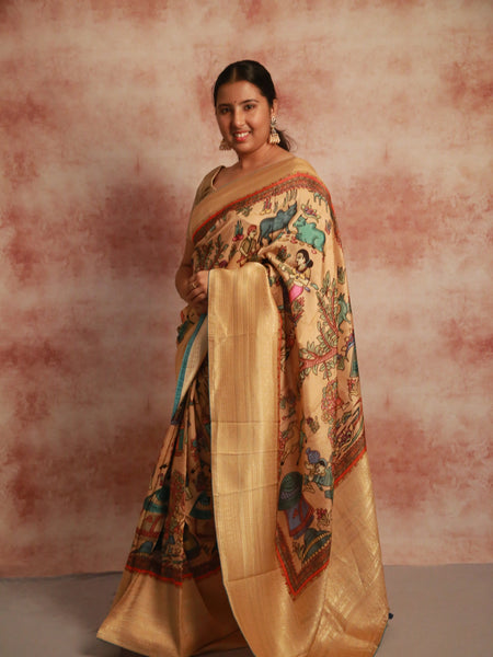 Village Vista Designer Beige Khaddi Woven Saree with Elegant Zari Border for Festive Wear
