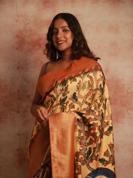 Tranquil Gond Countryside Luxury Yellow Khaddi Silk Saree with Contrast Orange Border & Elegant Zari Work
