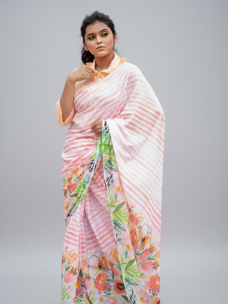Paasha White Cotton Mulmul Saree with Vibrant Colorful Stipes Print