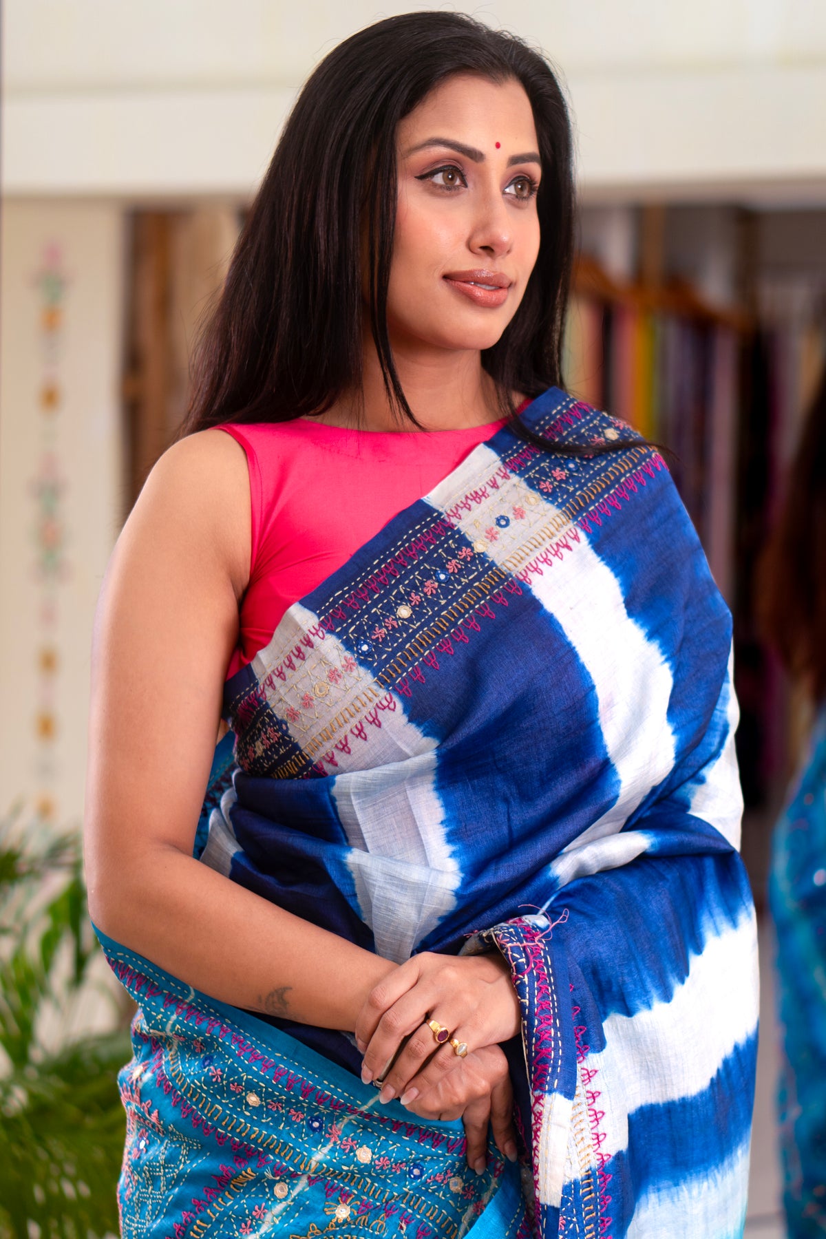 Bhandhej Virasat Elegant Blue Colour Pure Tussar Saree with Leheria Tie-Dye & Lambani Handwork