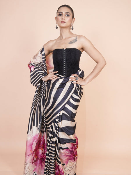Striped Noir  Designer Black Pure Tussar Saree for Weddings, Festive & Special Occasions