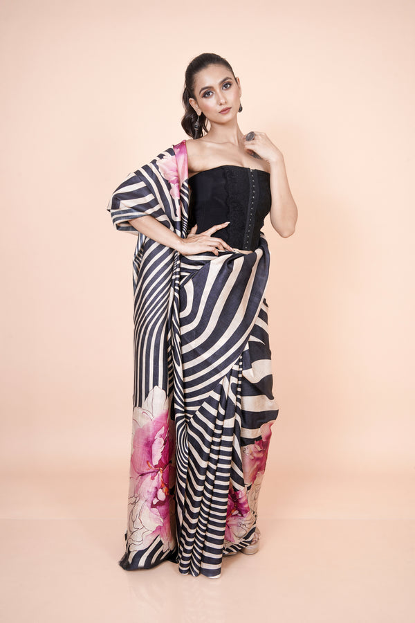 Striped Noir  Designer Black Pure Tussar Saree for Weddings, Festive & Special Occasions