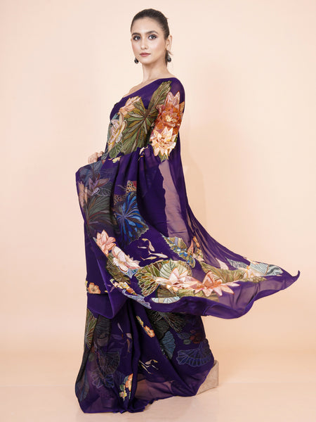 Orchid Aura Purple Georgette Saree – Botanical Floral Digital Print Elegant Lightweight Saree