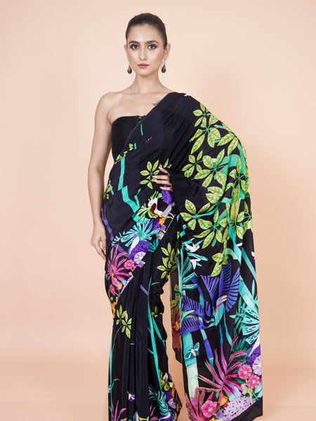 Botanical Rhythm Multicolor Crepe Saree – Lightweight Designer Party Wear Saree for Women