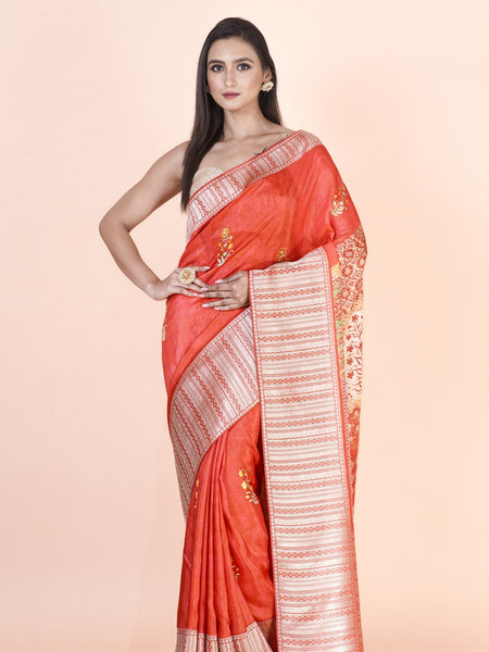 Komola Premium Orange Khaddi Silk Floral Printed Saree for Women