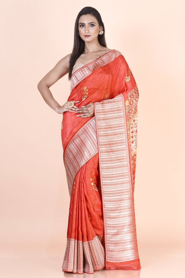 Komola Premium Orange Khaddi Silk Floral Printed Saree for Women
