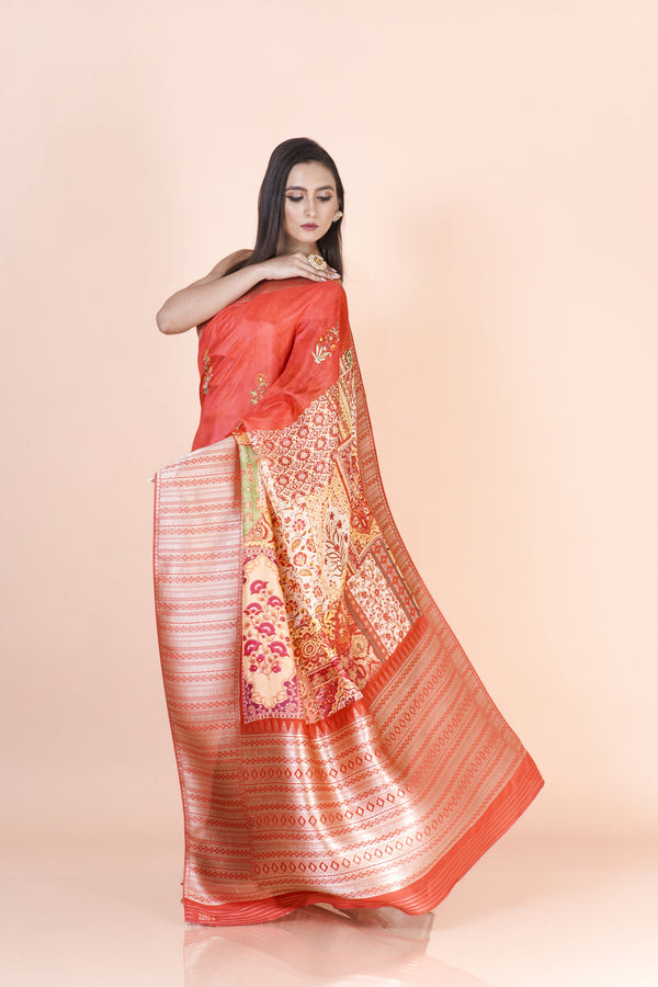 Komola Premium Orange Khaddi Silk Floral Printed Saree for Women