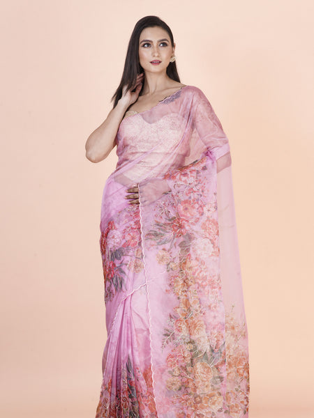 Romantic bloom Premium Pink Nylon Organza Saree for Women Ethnic Collection