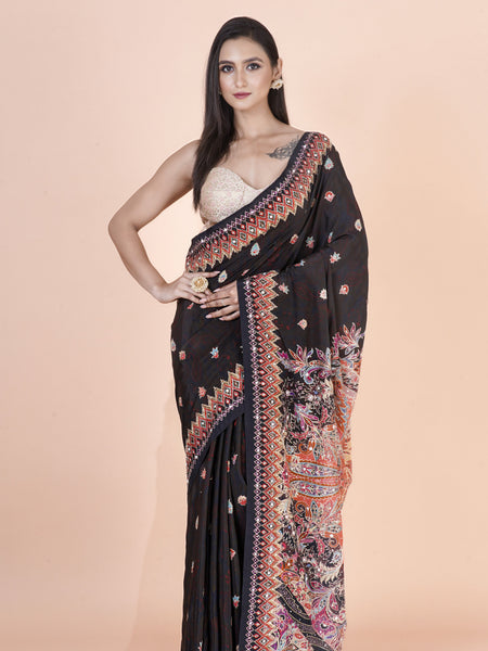 Black Ember Black Crepe Saree with Digital Floral & Geometric Print and Hand Zardosi Bead Work | Elegant Ethnic Wear Saree