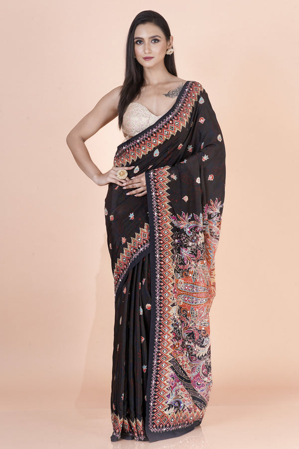 Black Ember Black Crepe Saree with Digital Floral & Geometric Print and Hand Zardosi Bead Work | Elegant Ethnic Wear Saree