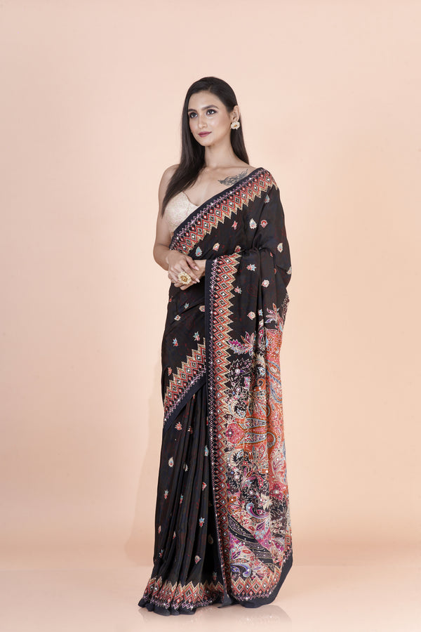 Black Ember Black Crepe Saree with Digital Floral & Geometric Print and Hand Zardosi Bead Work | Elegant Ethnic Wear Saree