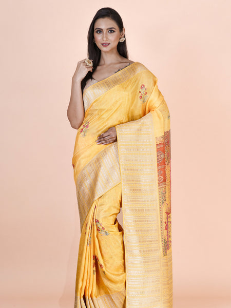 Mehrnaz Premium Yellow Khaddi Silk Floral Printed Saree for Women