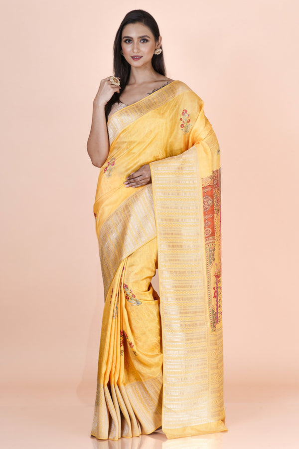 Mehrnaz Premium Yellow Khaddi Silk Floral Printed Saree for Women
