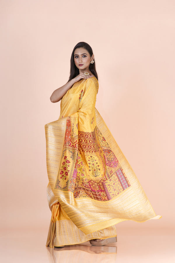 Mehrnaz Premium Yellow Khaddi Silk Floral Printed Saree for Women